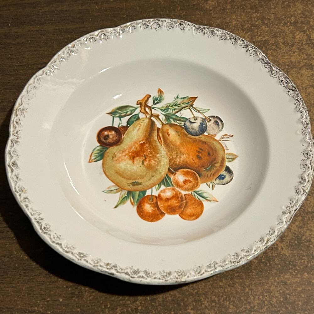 Esco Japan 9" Ceramic Gold Edge Bowl Fruit Pears Cherries